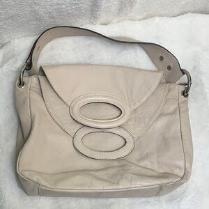 Cream Leather Shoulder Bag with Oval Accents